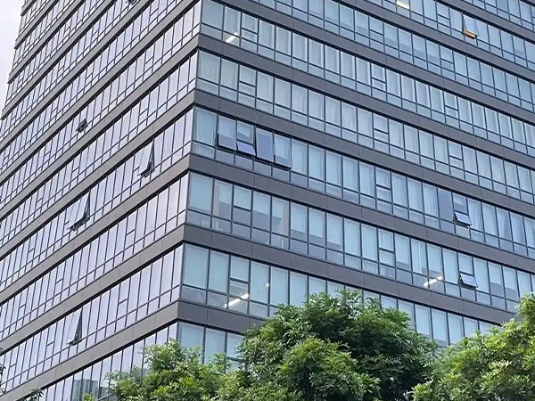 Exposed frame supported glass curtain wall